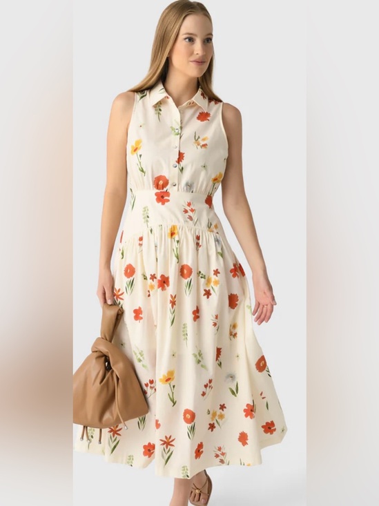 Eche Dresses & Skirts - Sleeveless Cream Midi Dress with Orange & Green Floral Print